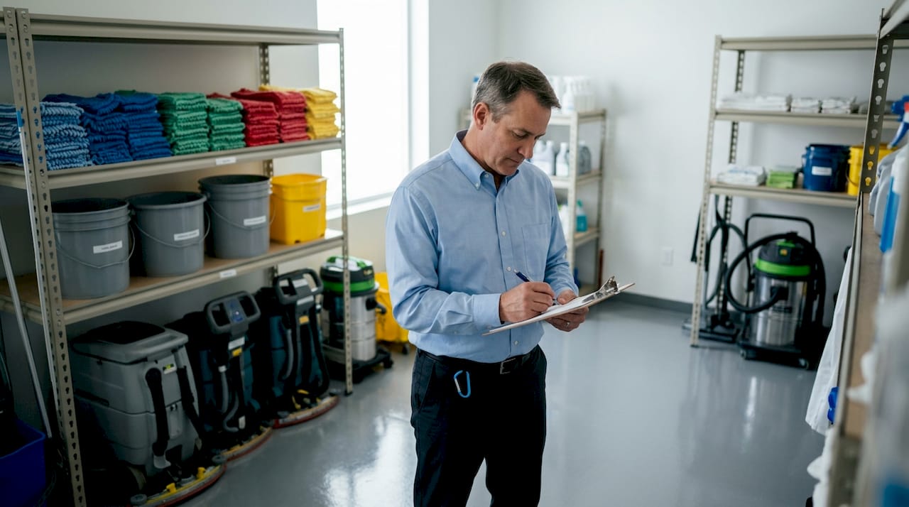 Manager checking hospital cleaning supplies inventory