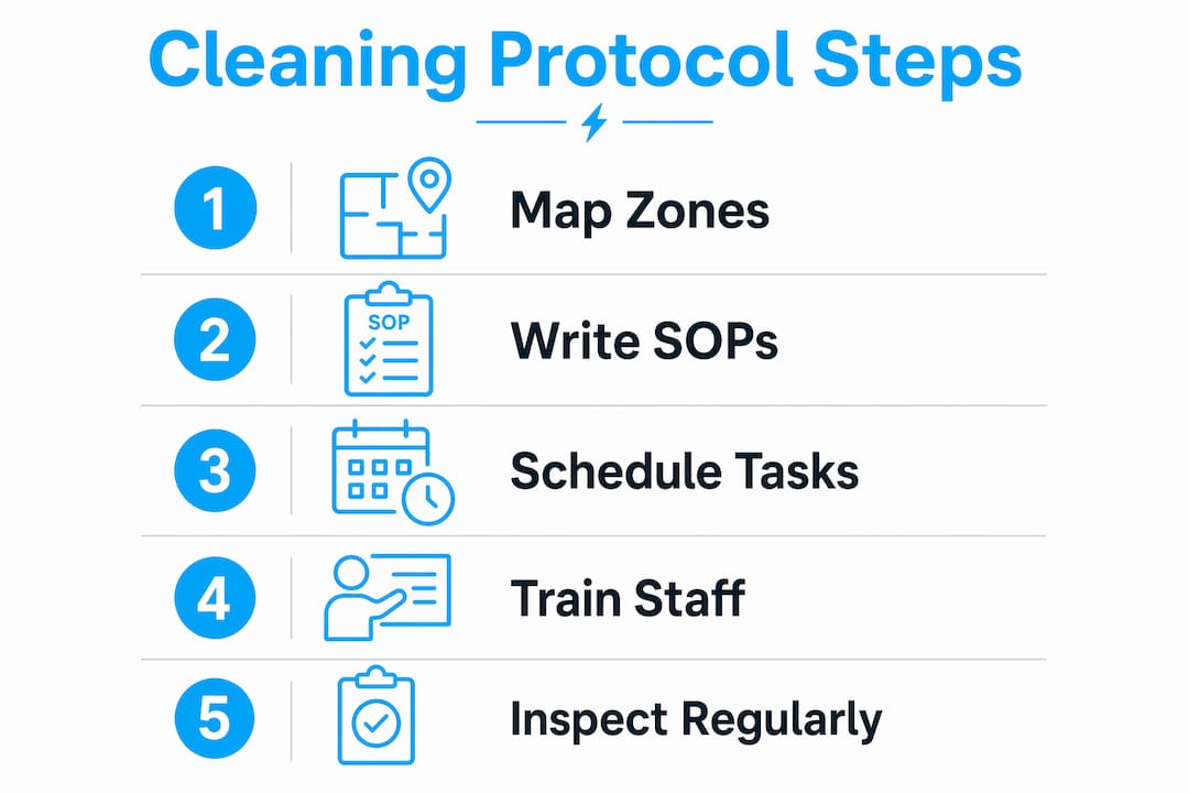 Infographic showing five key school cleaning protocol steps