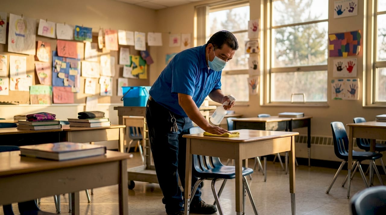 Janitor disinfecting classroom desk in daytime