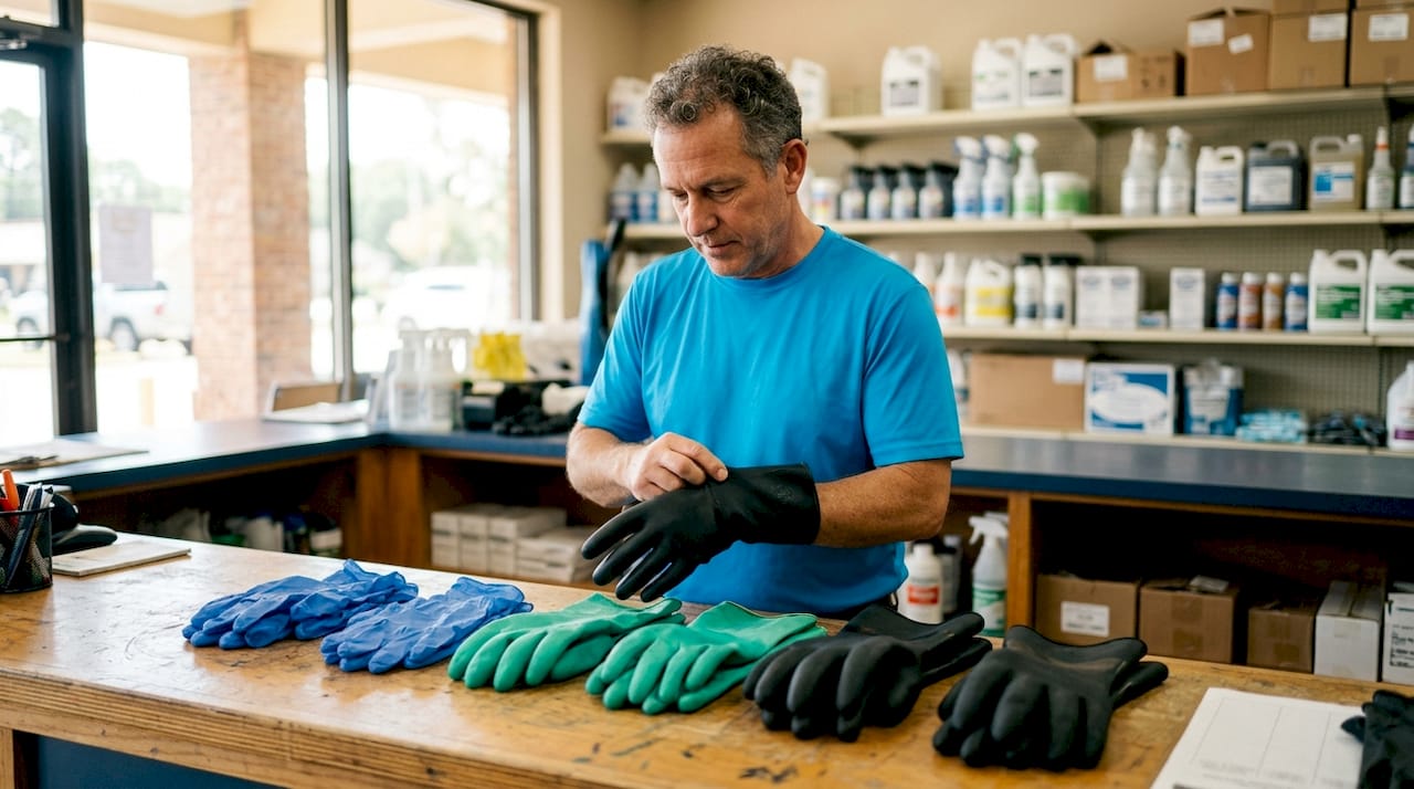 Hands selecting chemical resistant gloves on display
