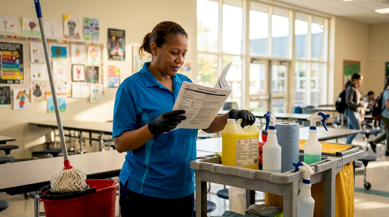 Hands holding chemical safety sheet and container