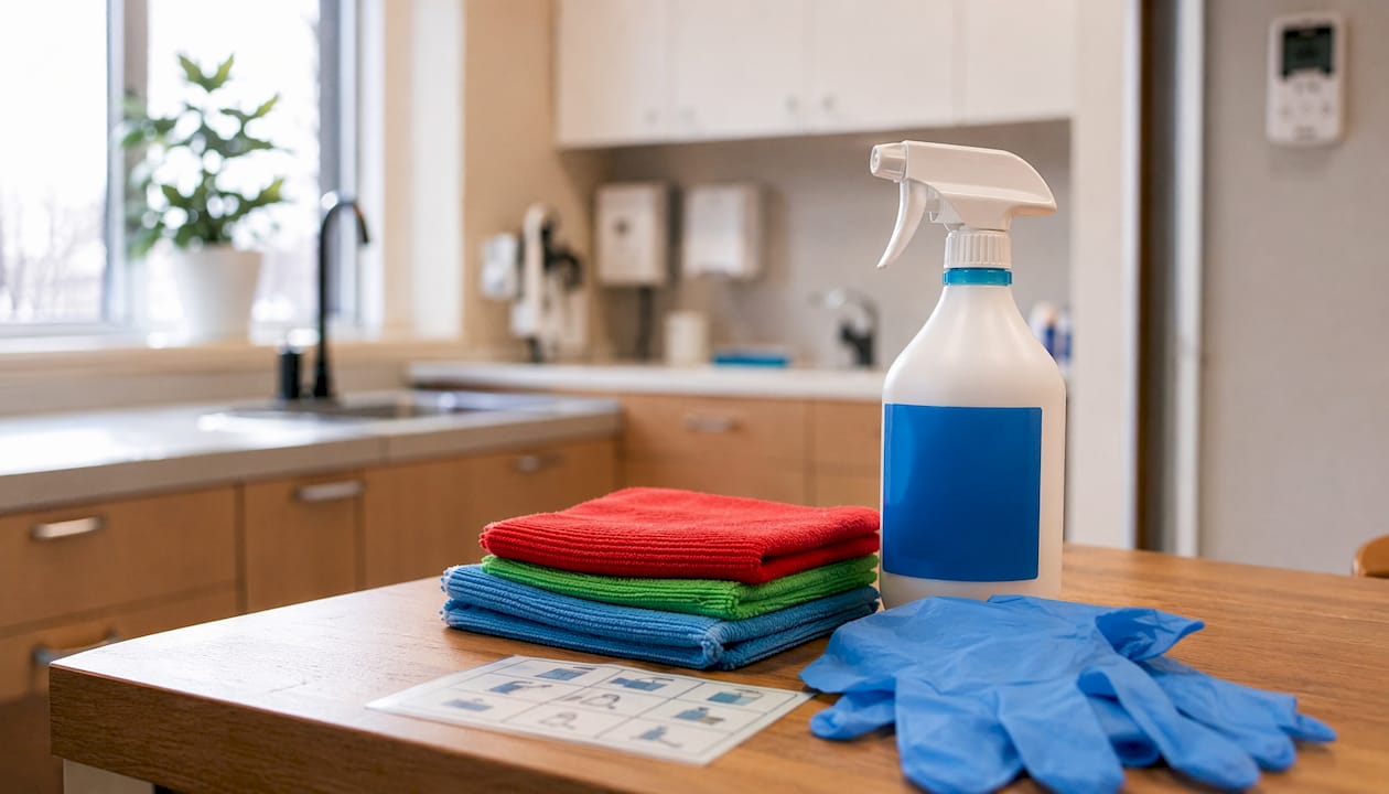 Close-up of disinfectant tools and supplies