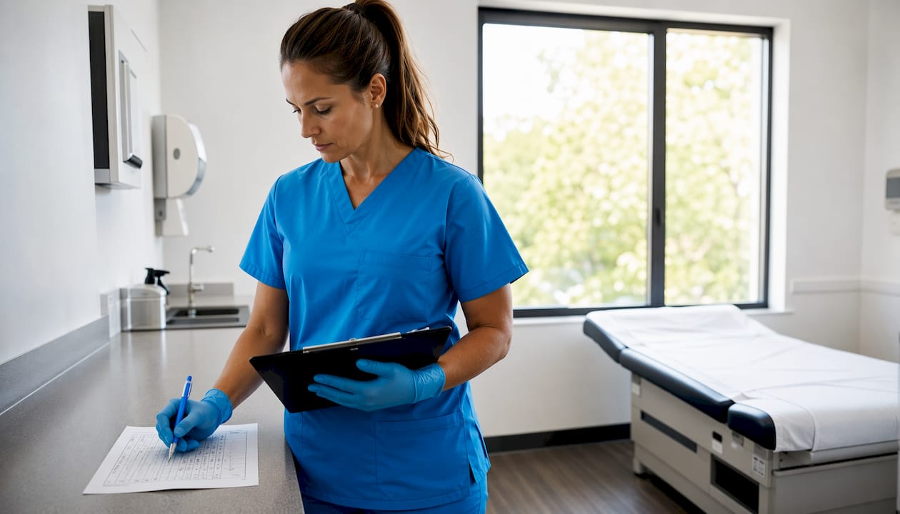 Hands marking exam room cleaning checklist