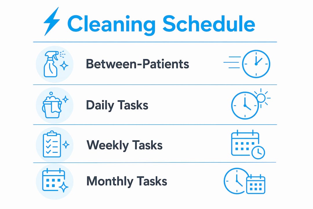 Infographic outlining exam room cleaning schedule steps