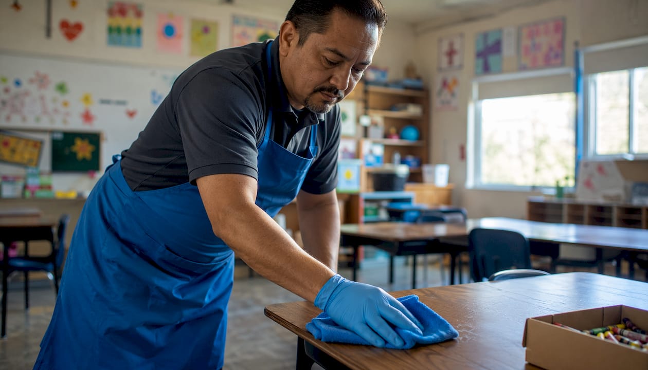 Custodian cleaning desks in school classroom