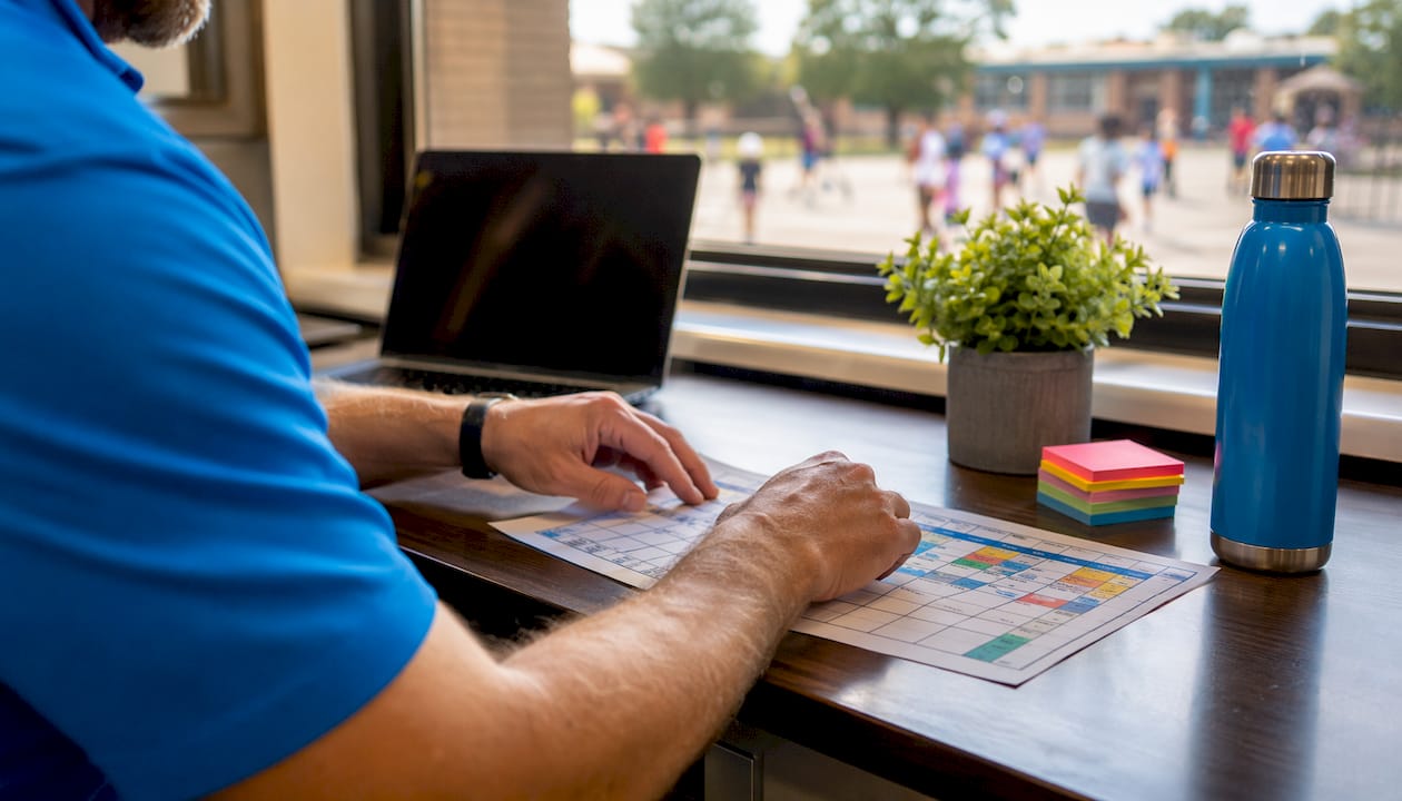 Hands holding school cleaning schedule and laptop calendar