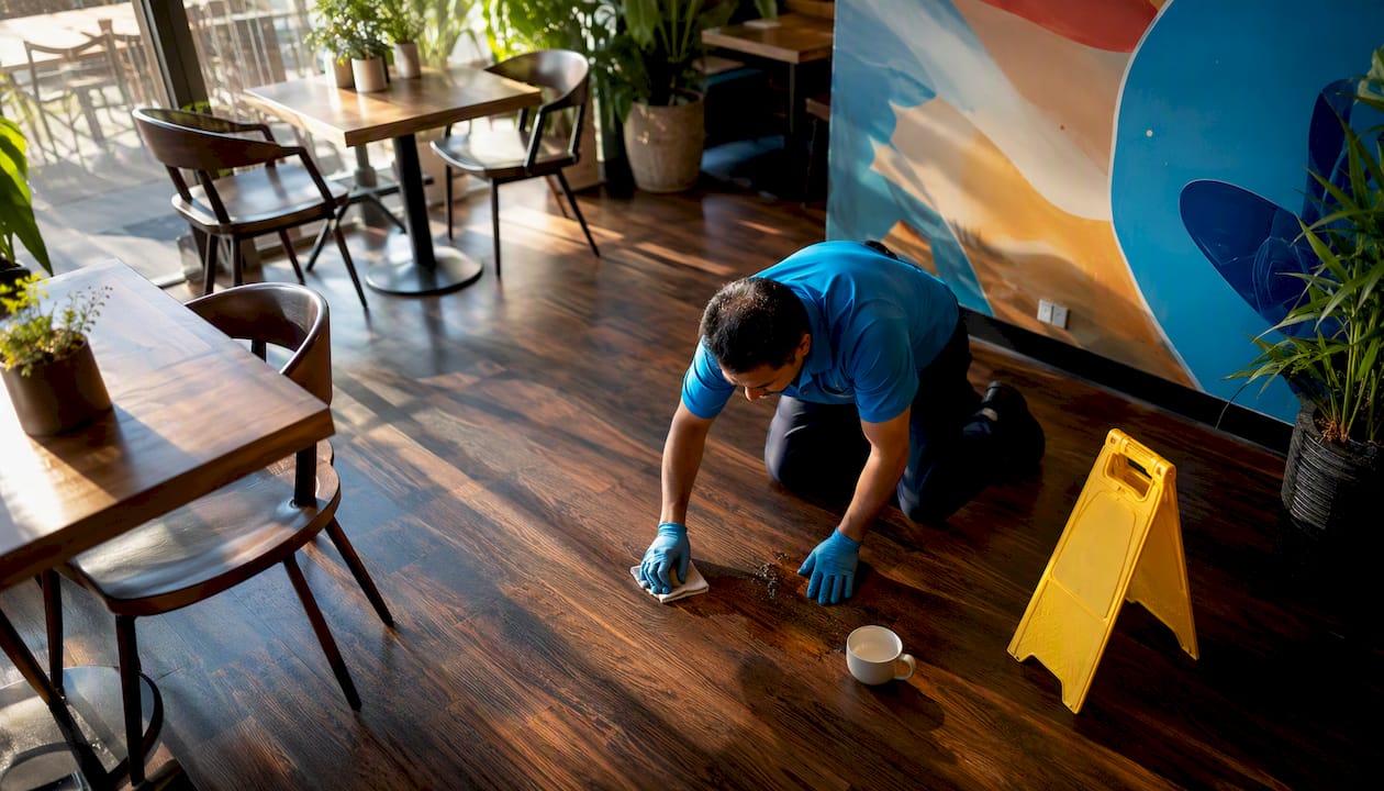 Day porter mopping spilled liquid in lobby