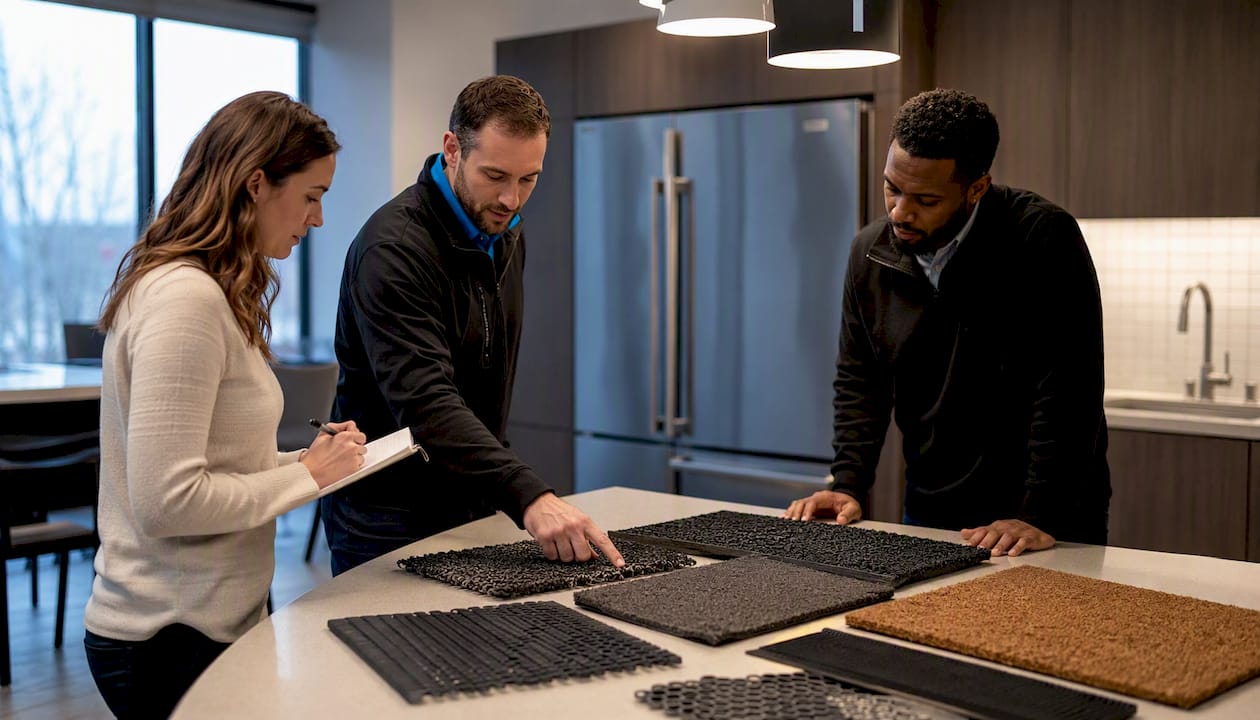 Hands comparing entrance mat samples on table