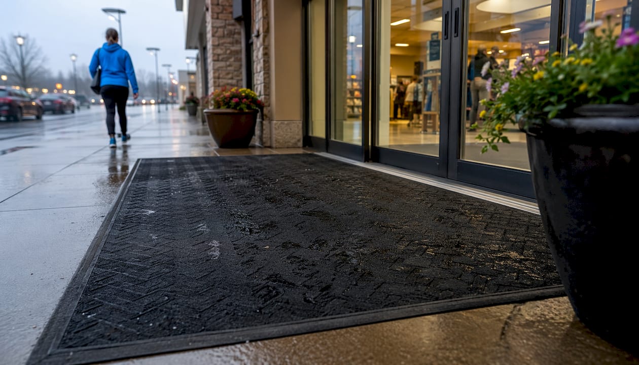 Durable rubber entrance mat outdoors in rain