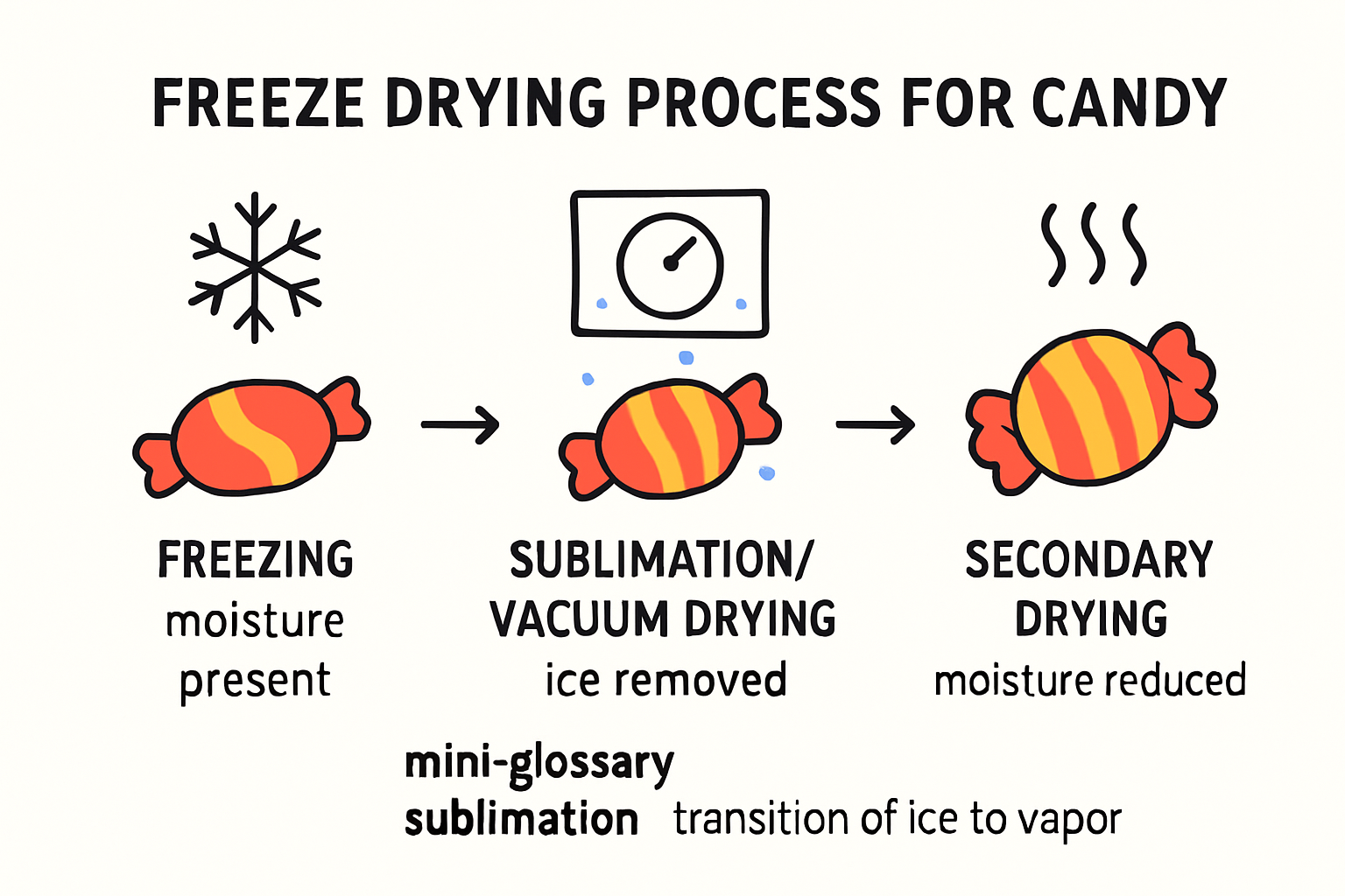 Infographic showing three key stages in making freeze dried candy