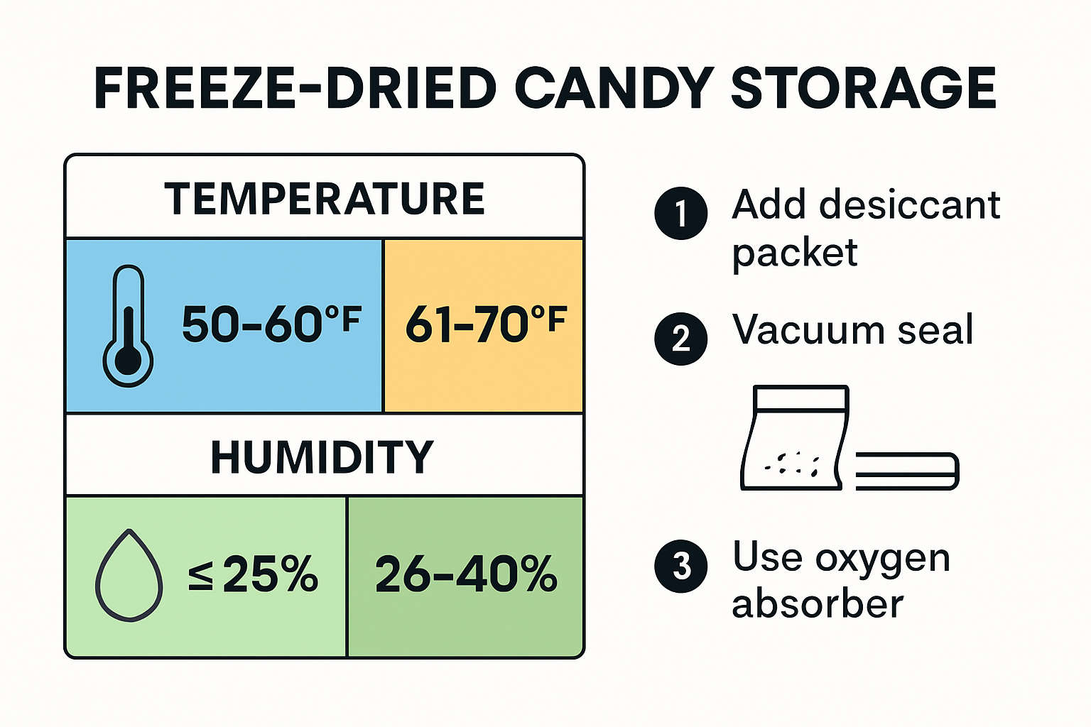 Infographic detailing freeze dried candy storage conditions and preservation