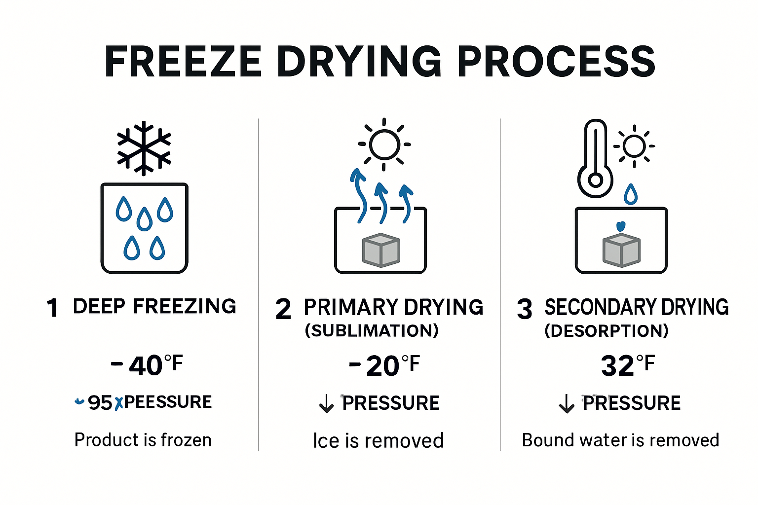 Infographic showing three freeze drying process stages