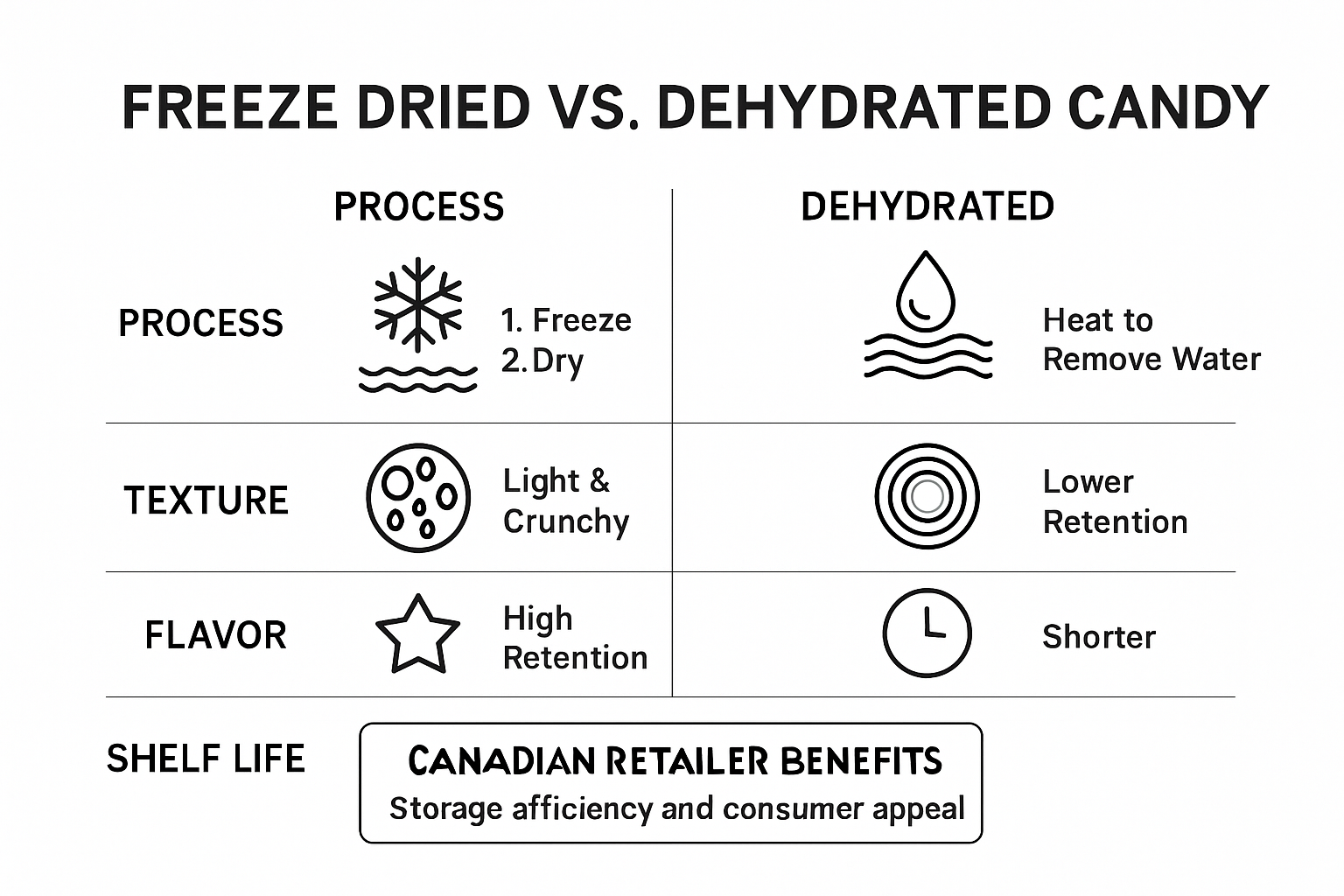 Infographic showing freeze dried versus dehydrated candy processes and outcomes