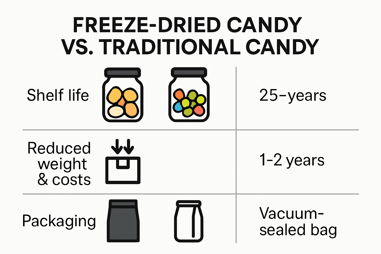 Infographic showing shelf life and storage benefits of freeze dried candy versus traditional candy