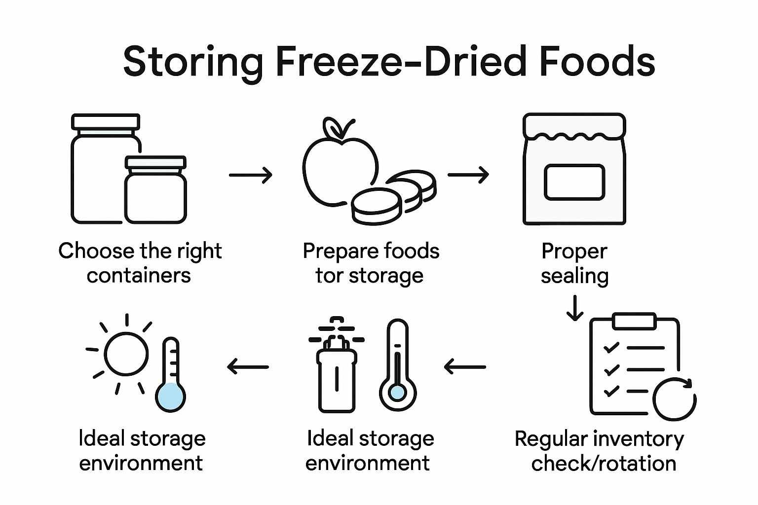 Infographic visualizing 6 steps to store freeze dried foods
