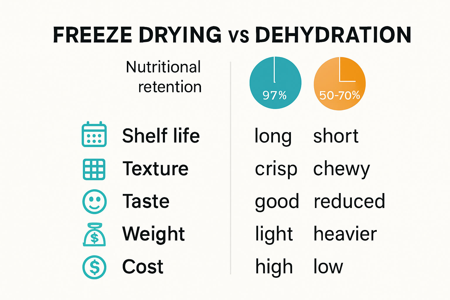 Infographic showing side-by-side comparison of freeze dried and dehydrated food