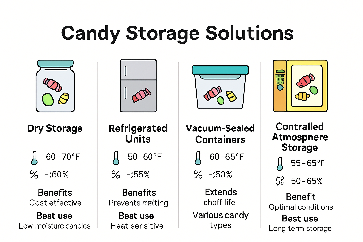 Infographic comparing candy storage options and key conditions