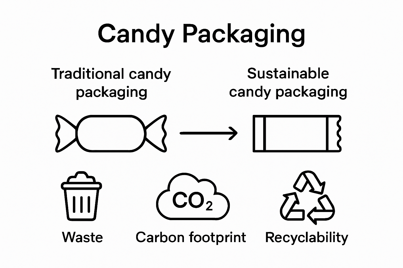 Side-by-side comparison of traditional vs sustainable candy packaging in waste, carbon footprint, and recyclability.