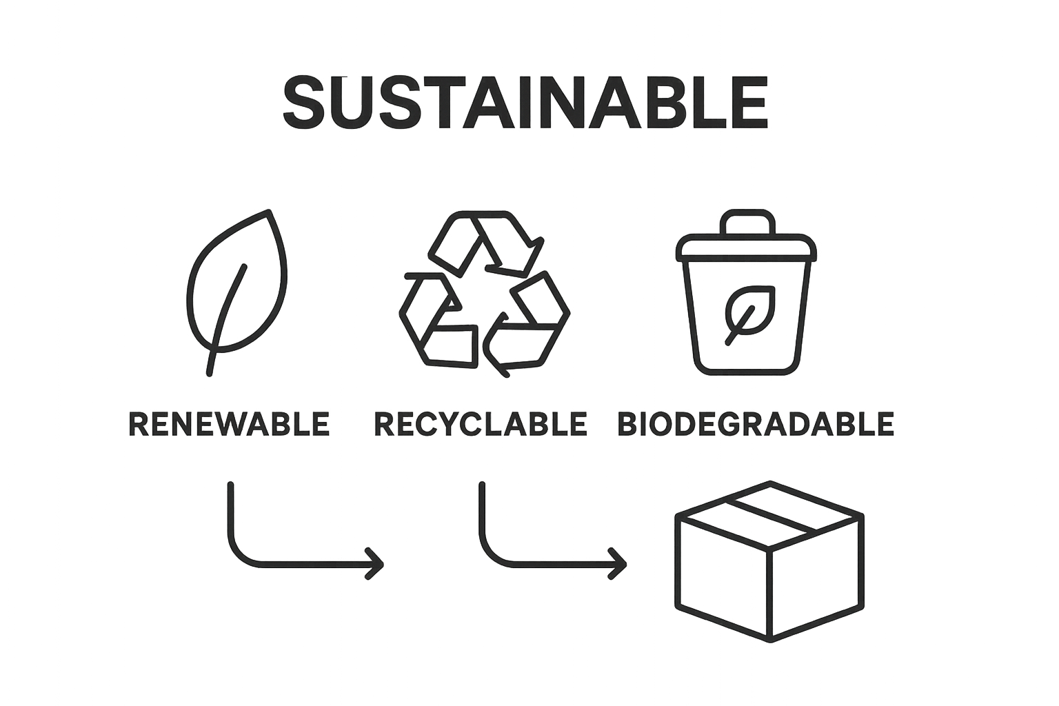 Infographic showing renewable, recyclable, and biodegradable packaging material icons
