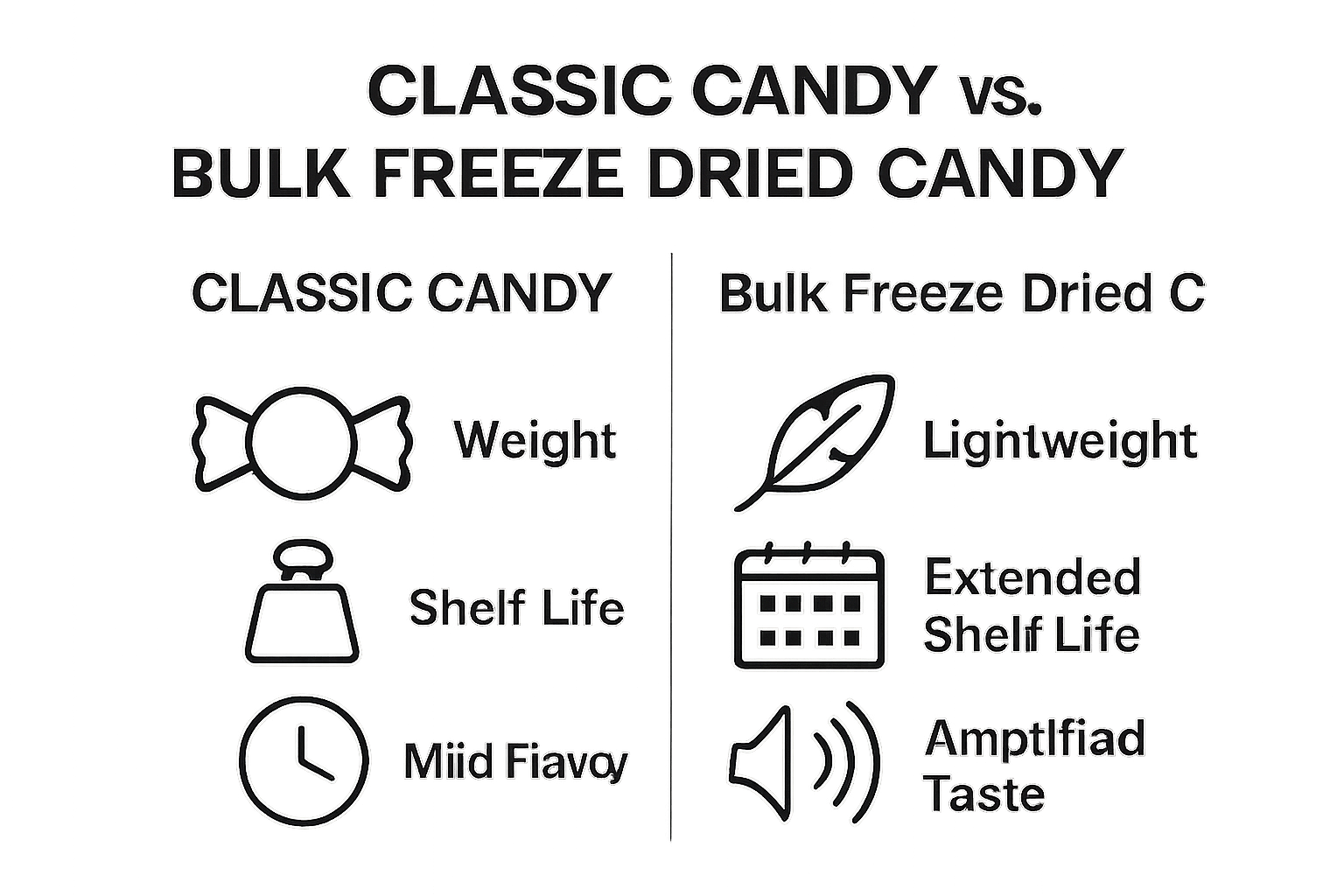 Classic vs freeze dried candy infographic showing weight, shelf life, and flavor intensity