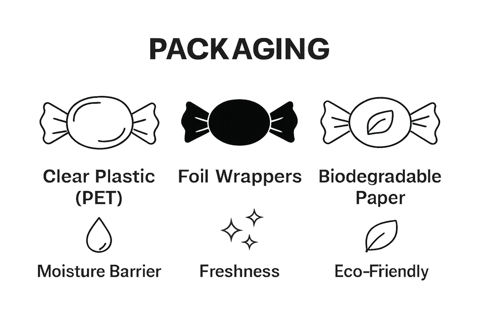 Comparison of three common candy packaging materials with icons