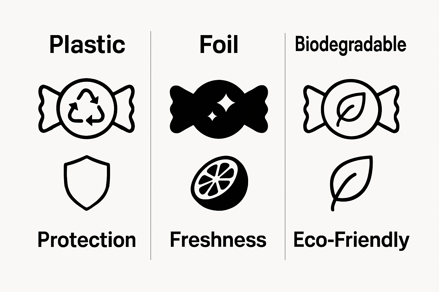Candy packaging materials comparison chart using icons
