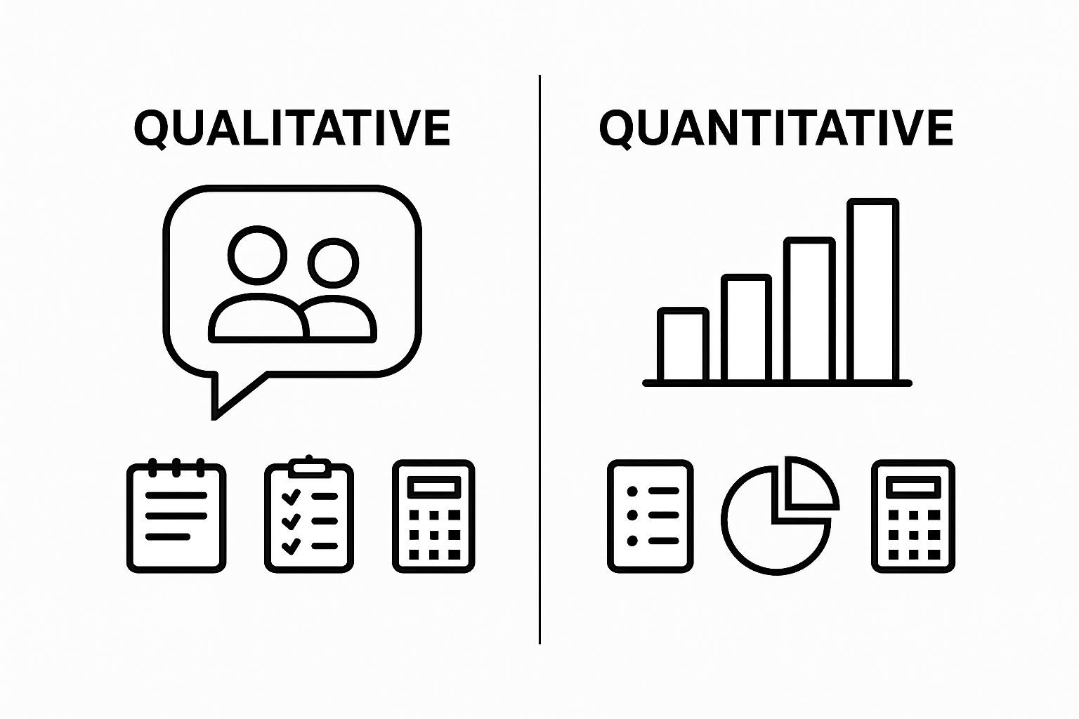 Comparison of qualitative and quantitative research methods with icons