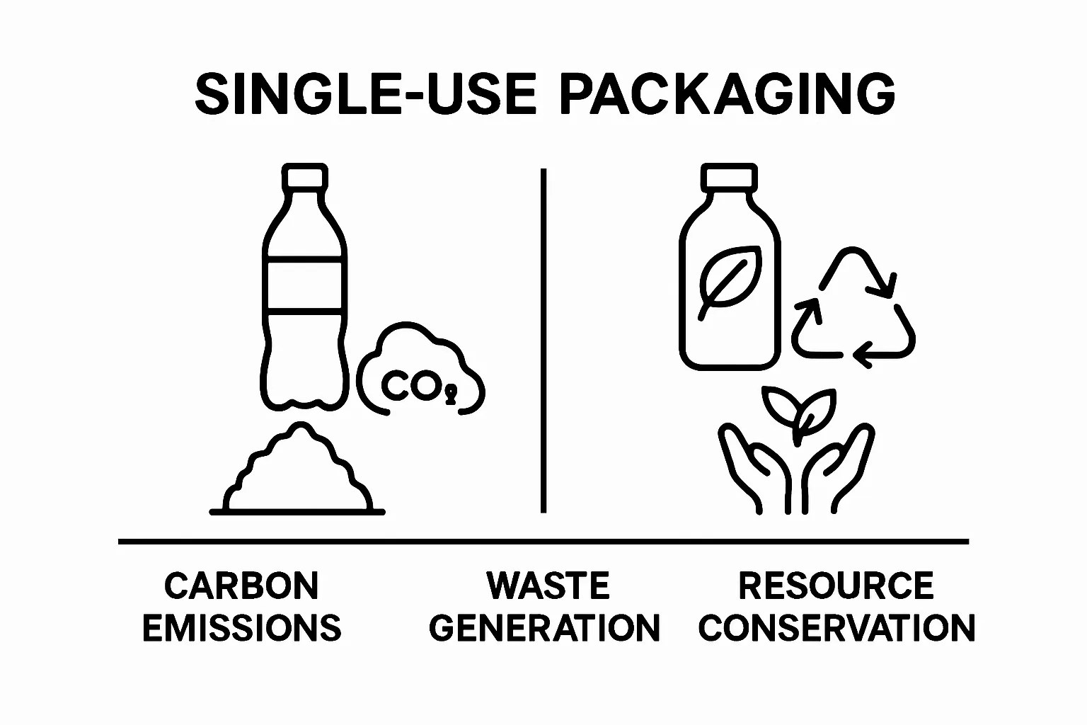 Infographic comparing single-use and sustainable packaging impacts