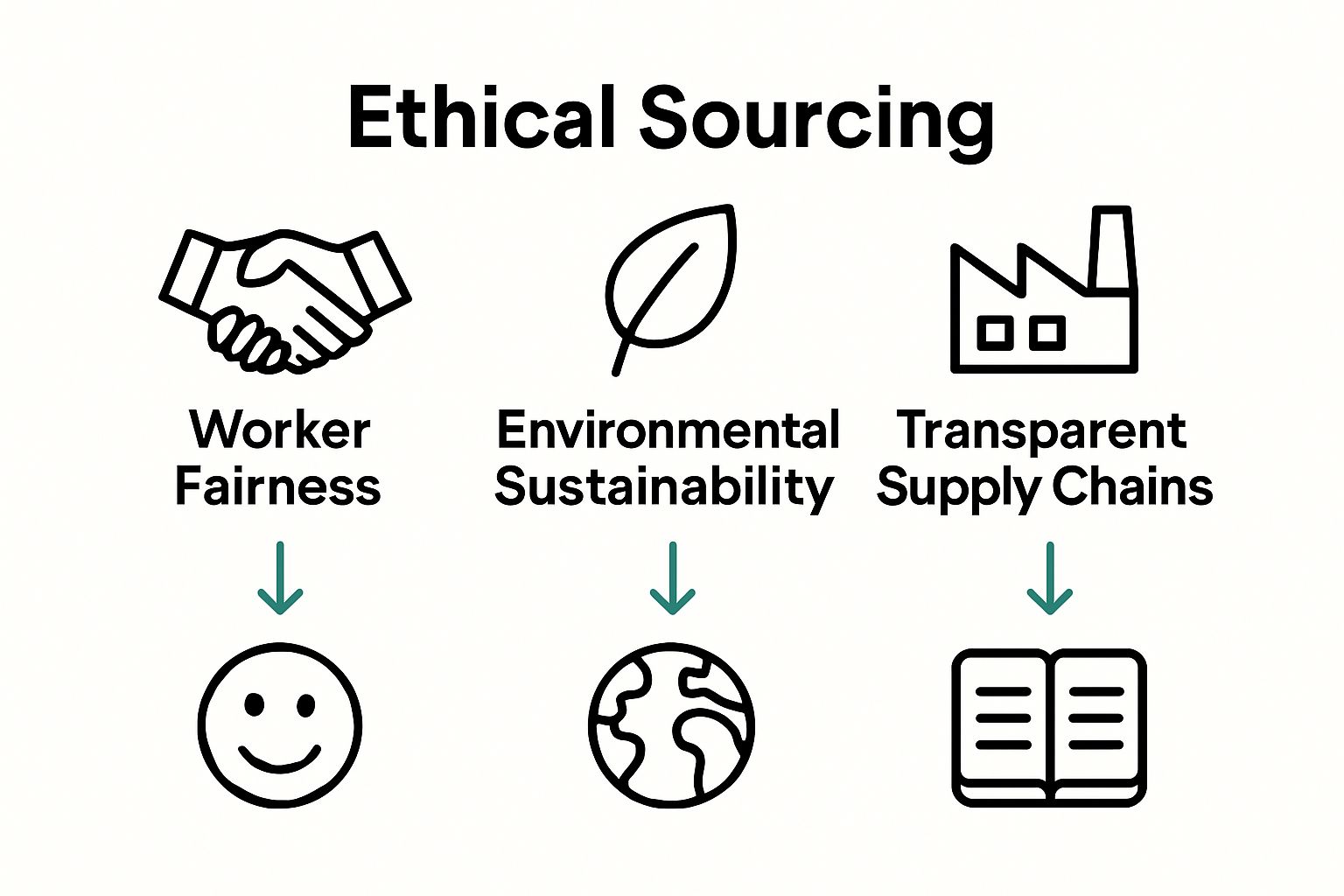 Infographic showing worker fairness, environmental sustainability, and transparent supply chains pillars