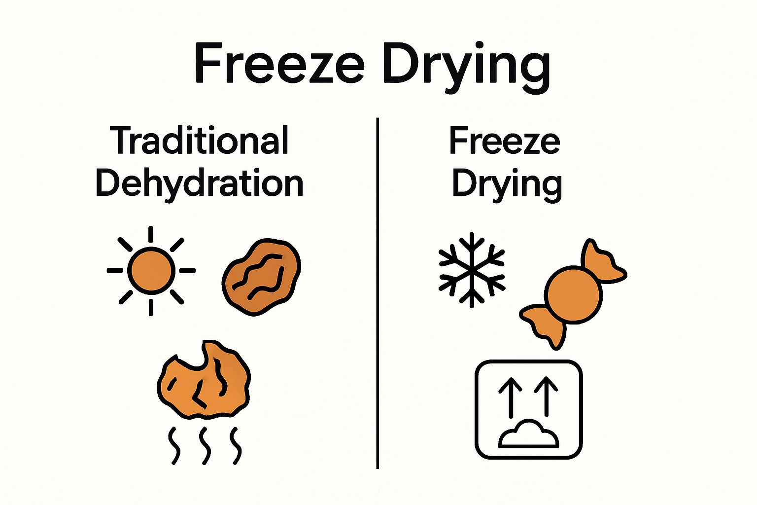 Infographic comparing dehydration and freeze drying processes for candy