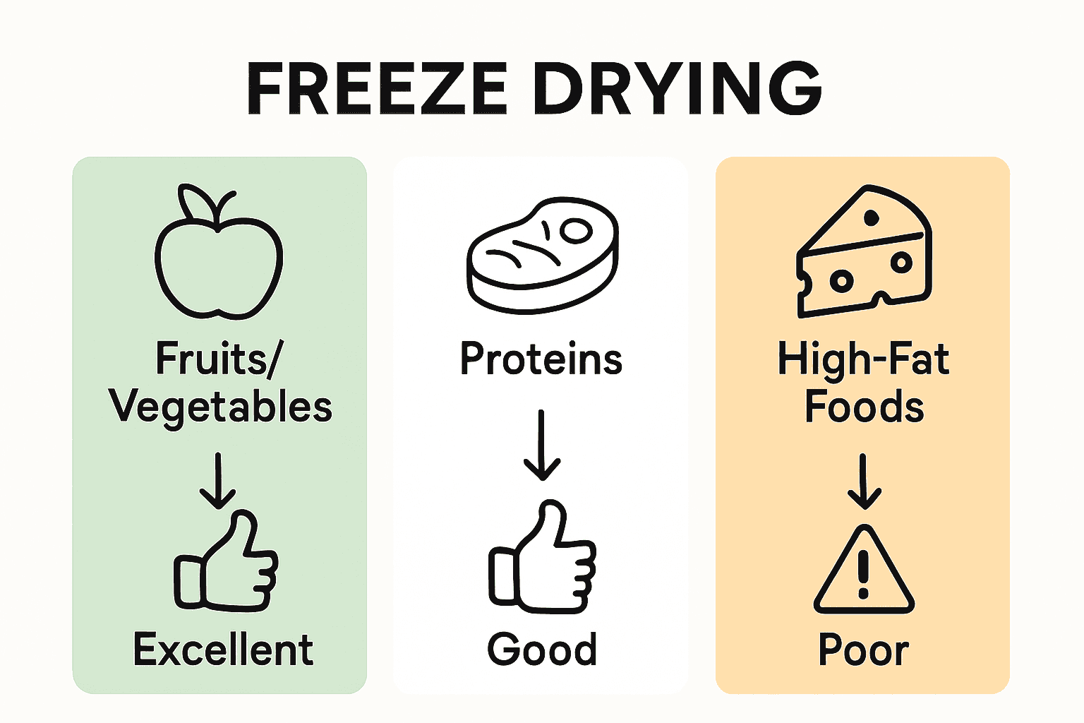 Infographic comparing suitability of common foods for freeze drying.