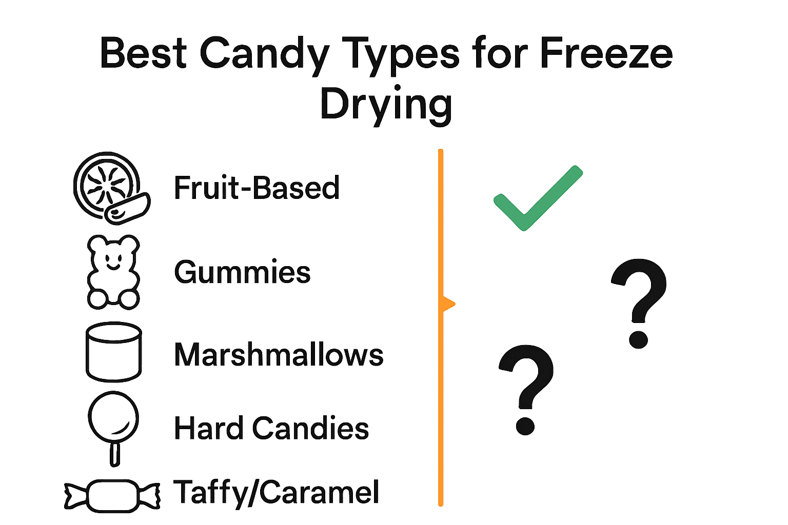 Infographic comparing best candies for freeze drying with icons and suitability.
