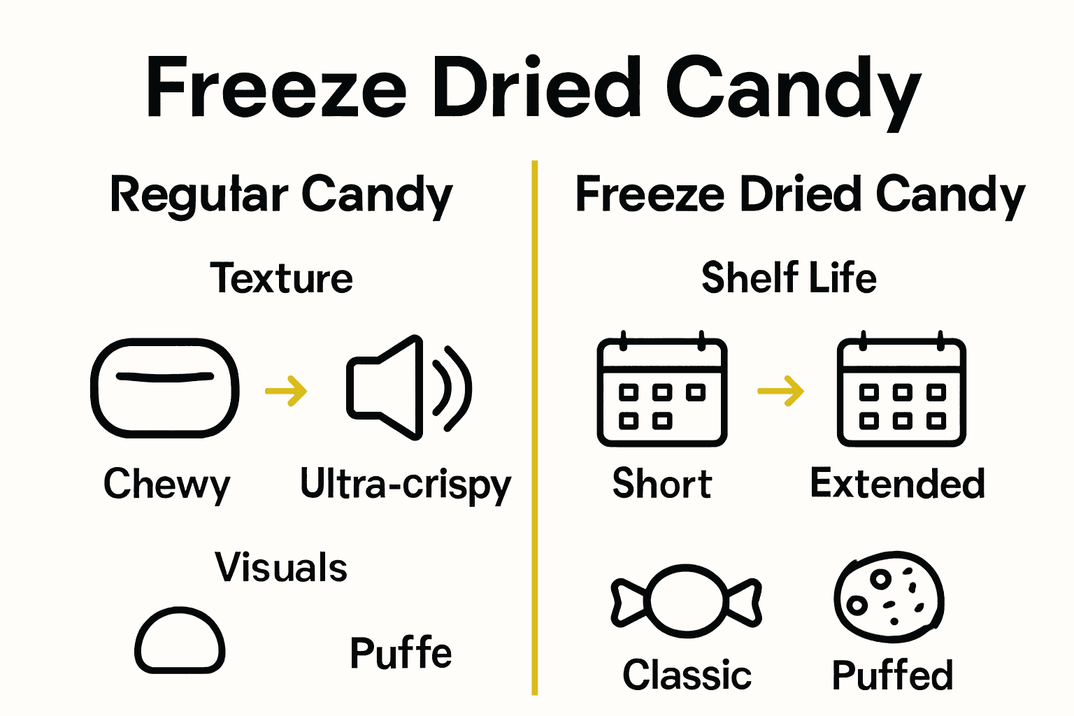 Infographic comparing regular and freeze dried candy texture, shelf life, and appearance.
