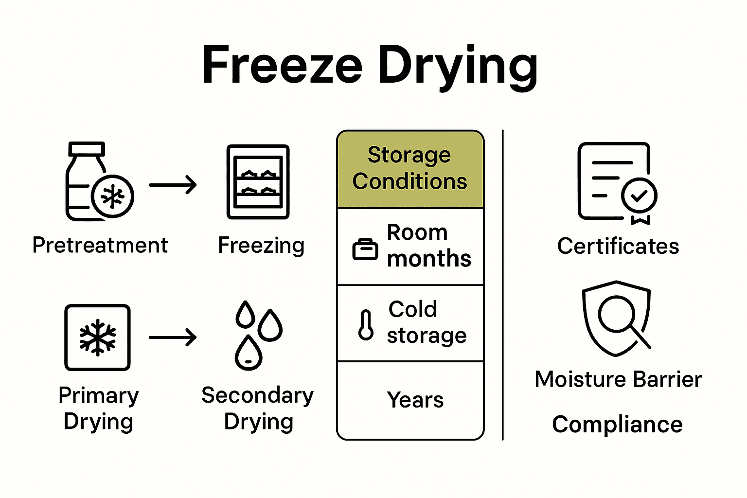 Infographic showing freeze drying steps, storage best practices, and buyer compliance tips.