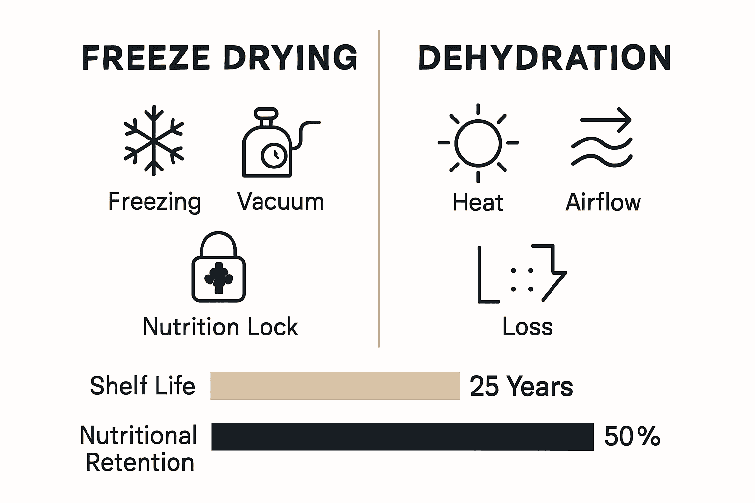 Freeze drying vs dehydration infographic with process icons and bar chart