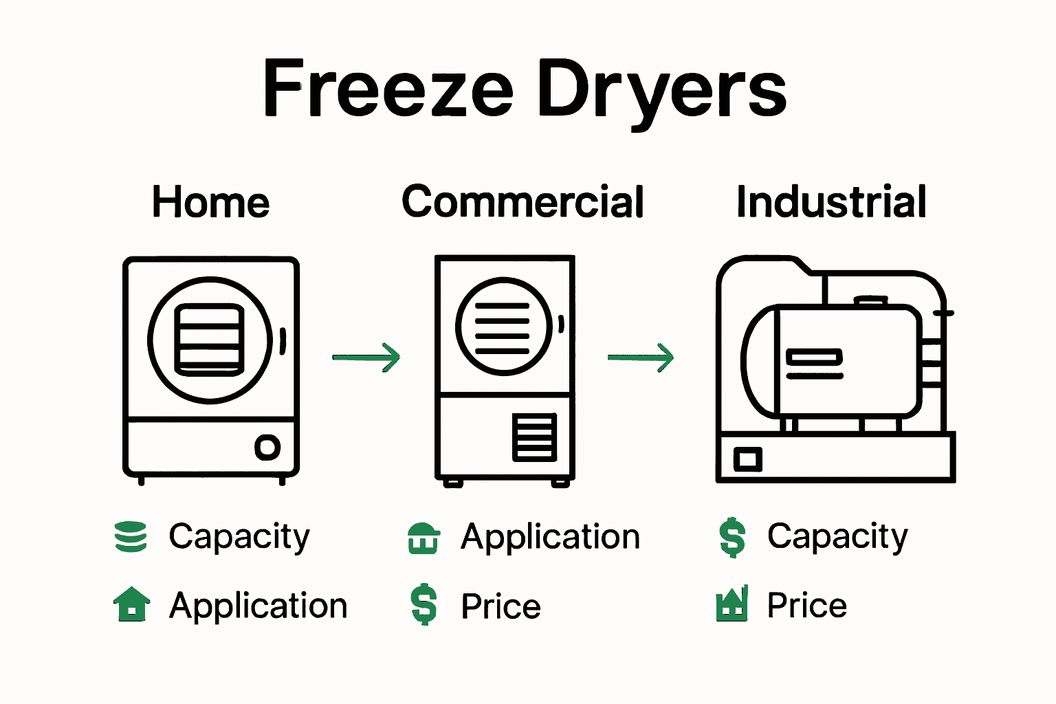Infographic comparing home, commercial, and industrial freeze dryers with icons and key features.