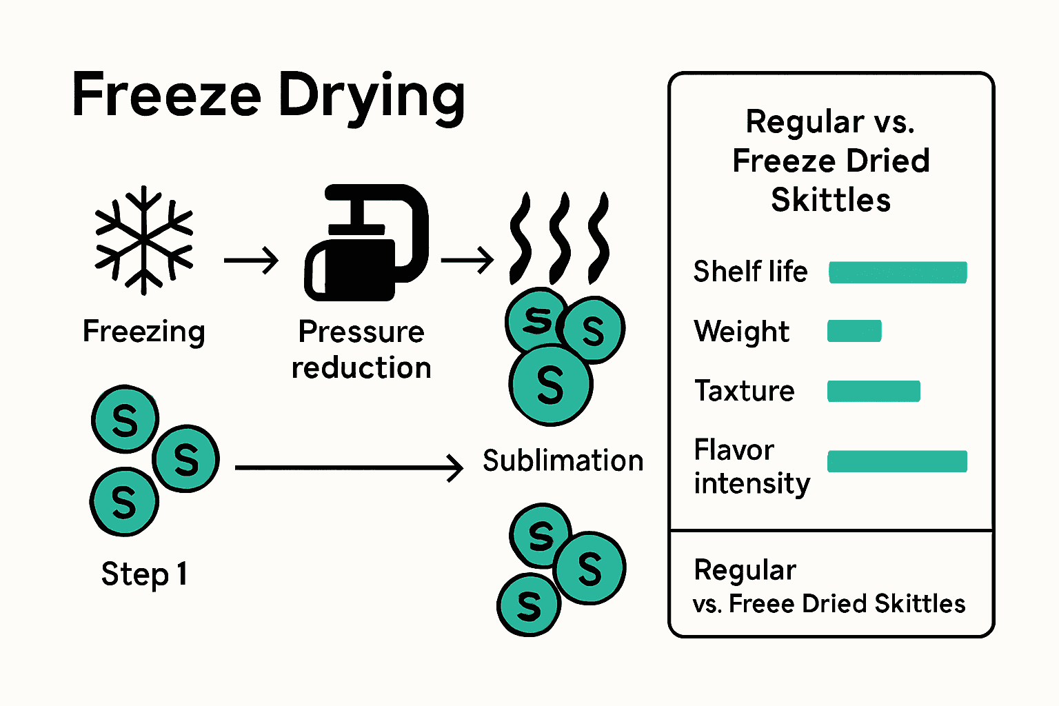 Infographic showing freeze drying process for Skittles and key differences vs original candy.