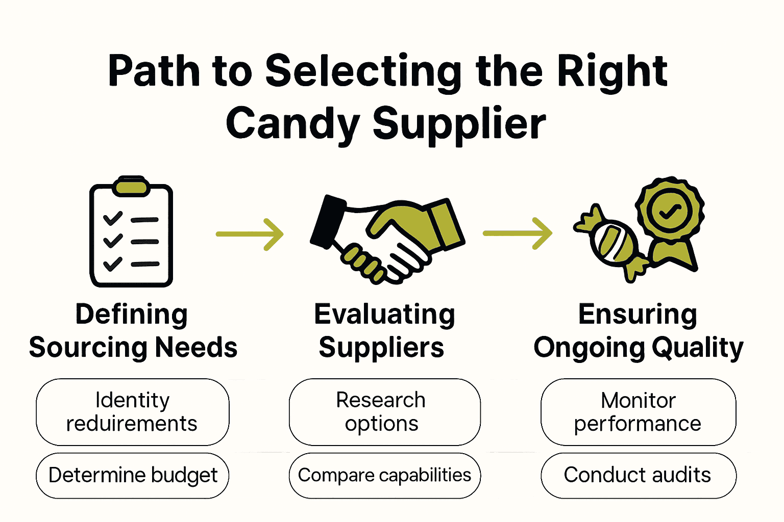 Infographic showing steps for choosing a candy supplier: needs assessment, supplier evaluation, quality assurance.