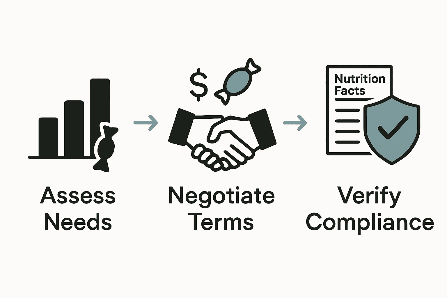 Three-step infographic for wholesale candy purchasing process