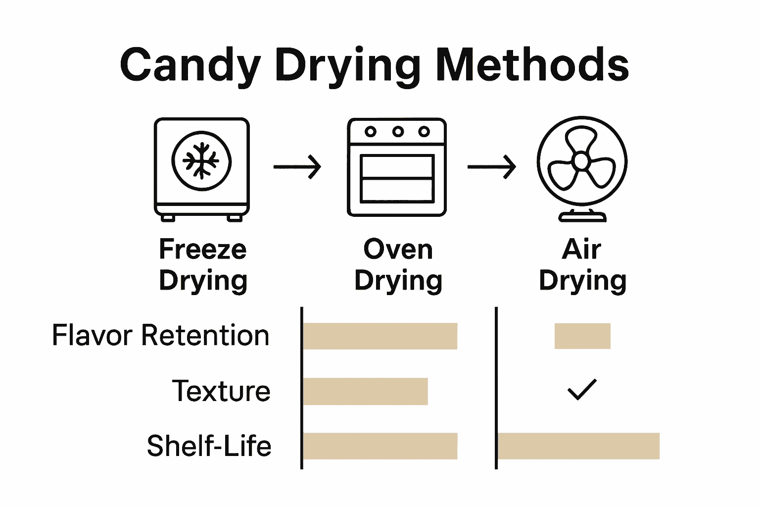 Infographic comparing freeze drying, oven drying, and air drying for candy using icons and key feature bars.