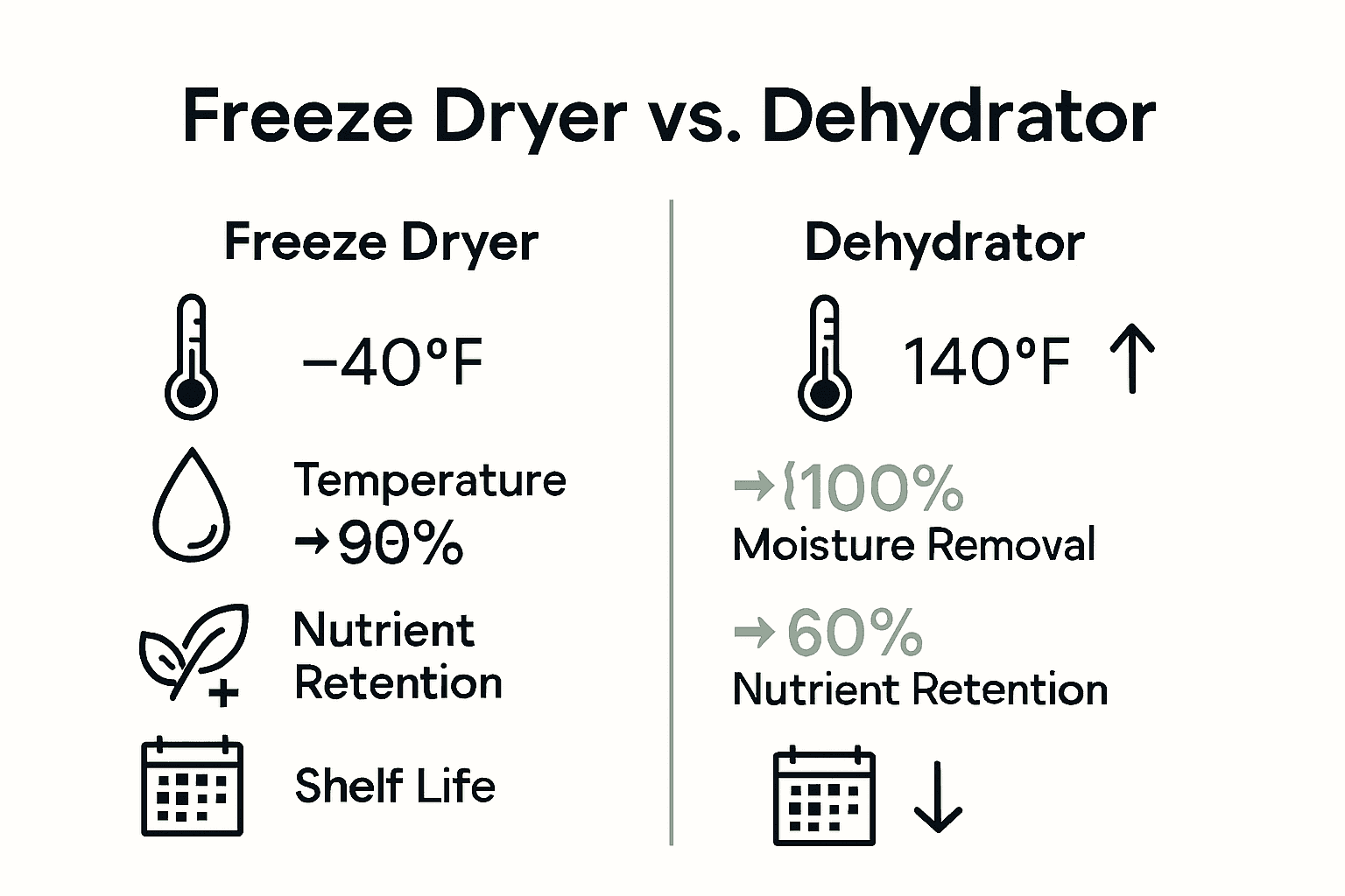 Infographic comparing freeze dryer and dehydrator features, values, and results.