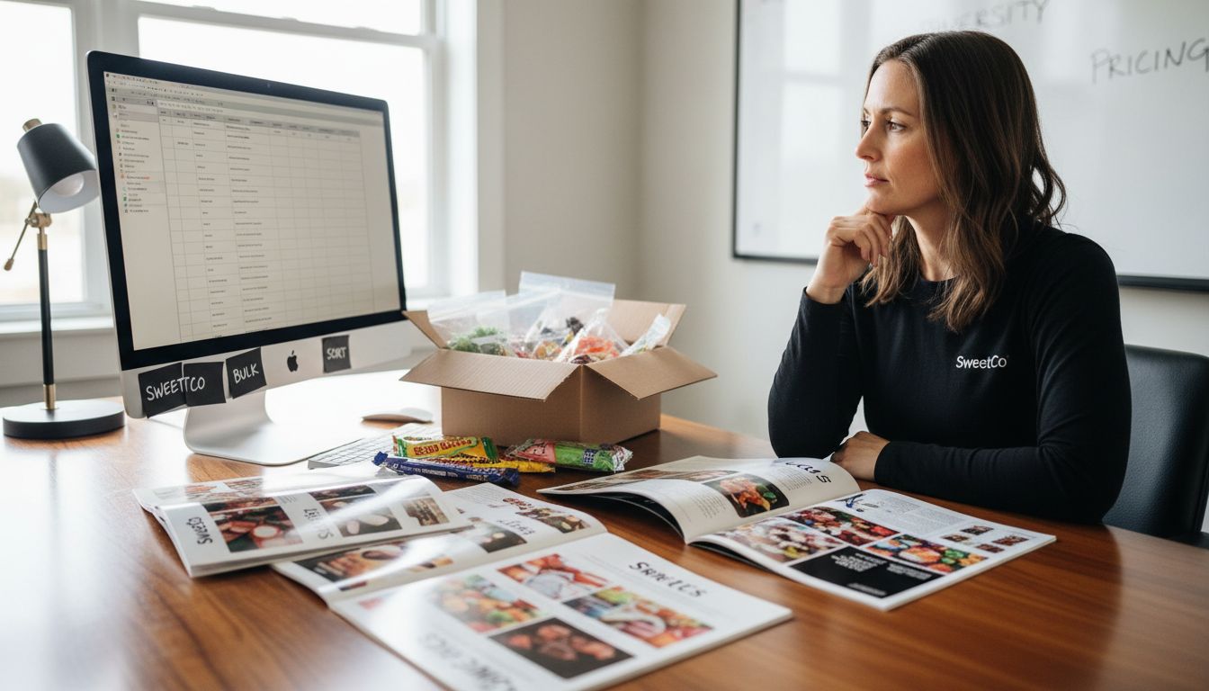 Supplier catalogs and candy sorting workspace