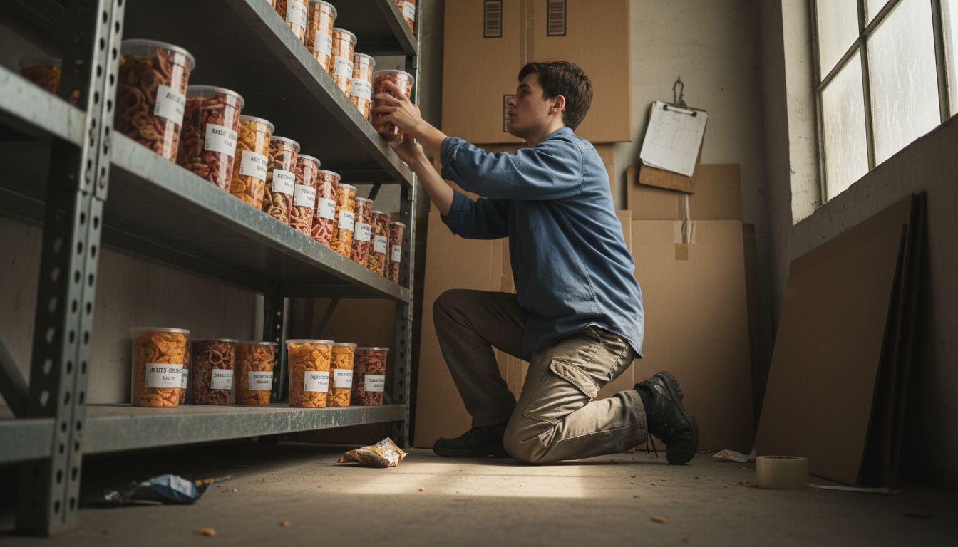 Storing freeze dried snacks on warehouse shelf