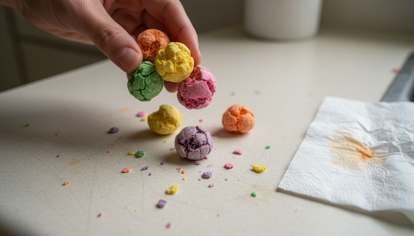 Close-up freeze dried Skittles cracked surface
