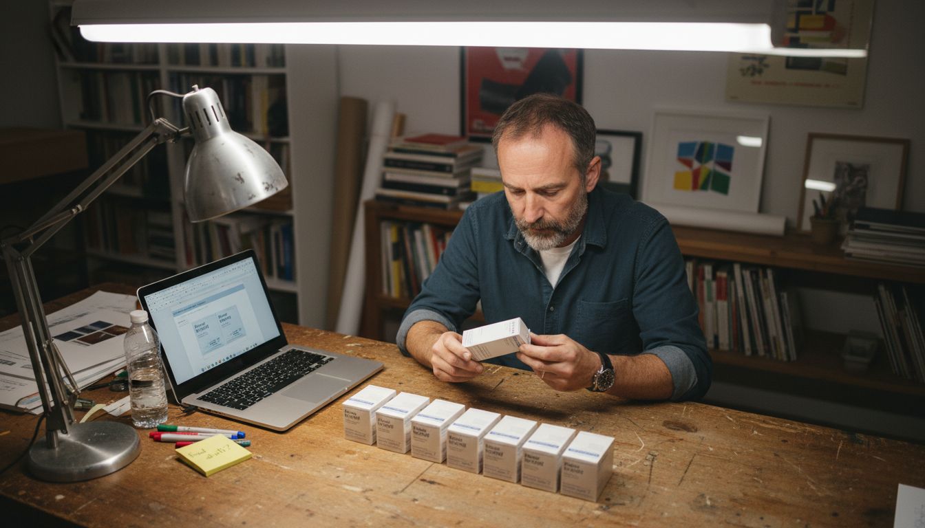 Designer reviewing private label medicine packaging