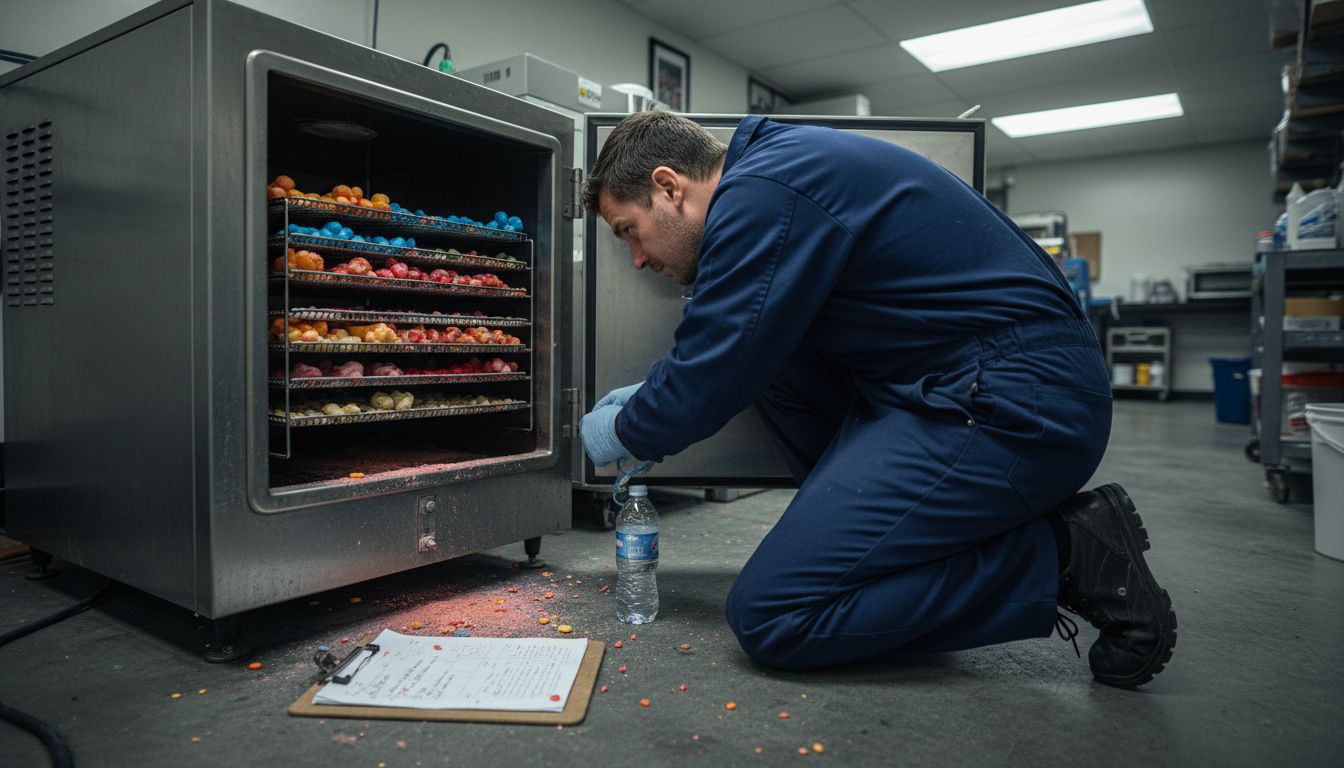 Technician inspecting lyophilizer with candy trays