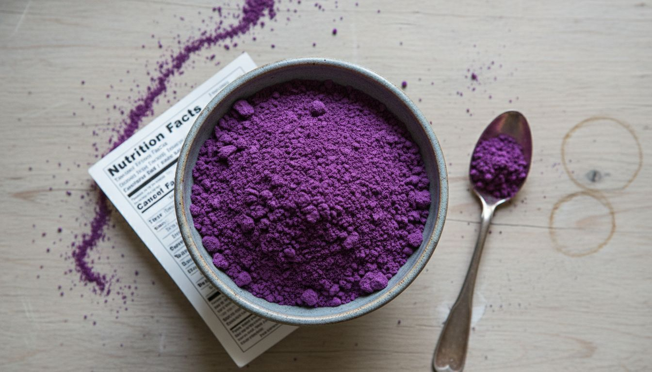 Closeup of blueberry powder and nutrition label