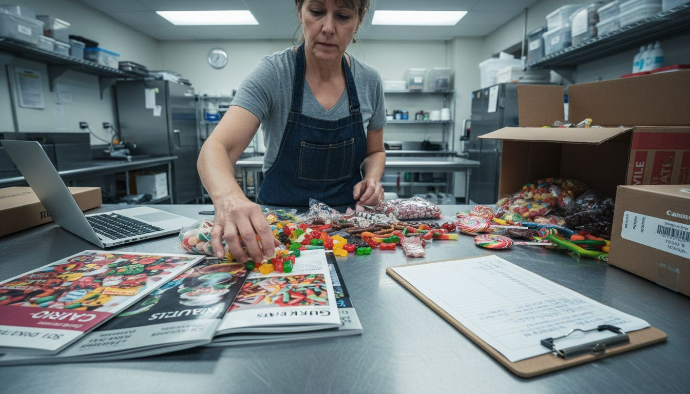 Candy supplier reviewing samples in kitchen