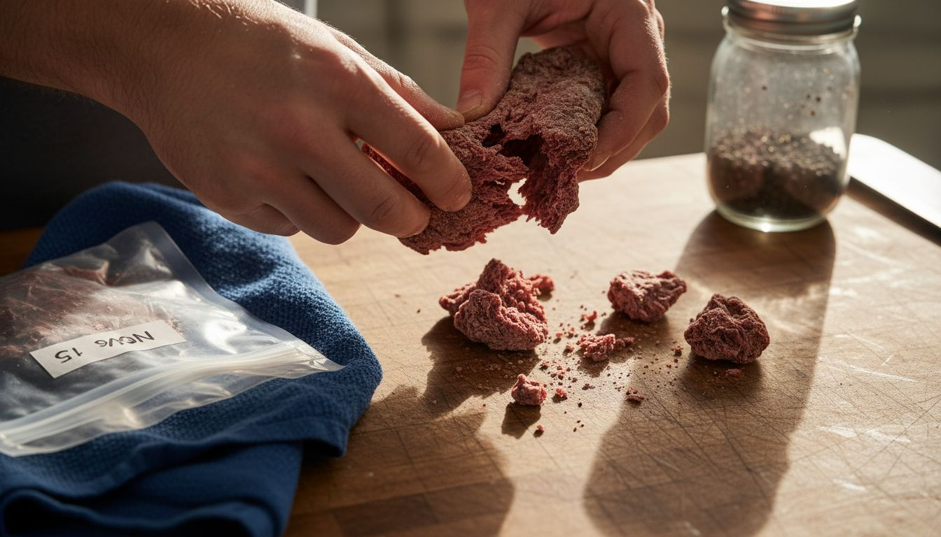 Hands breaking apart freeze dried meat