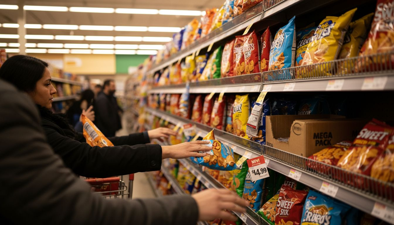 Grocery shelf with diverse food packages